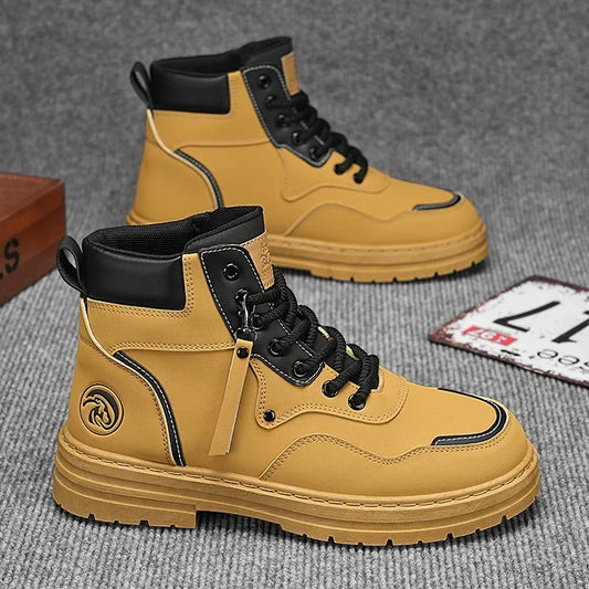 Men Boots  Autumn High Top British Korean Thick Soled Platform Comfortable Non Slip Short Boots Outdoor Lace Up Cotton Boots 202