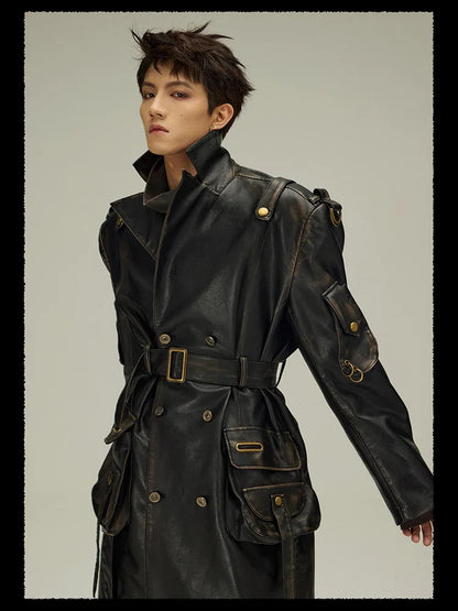 Spring Autumn Long  Distressed Black Pu Leather Trench Coat Men Belt Double Breasted Luxury European Fashion 2023