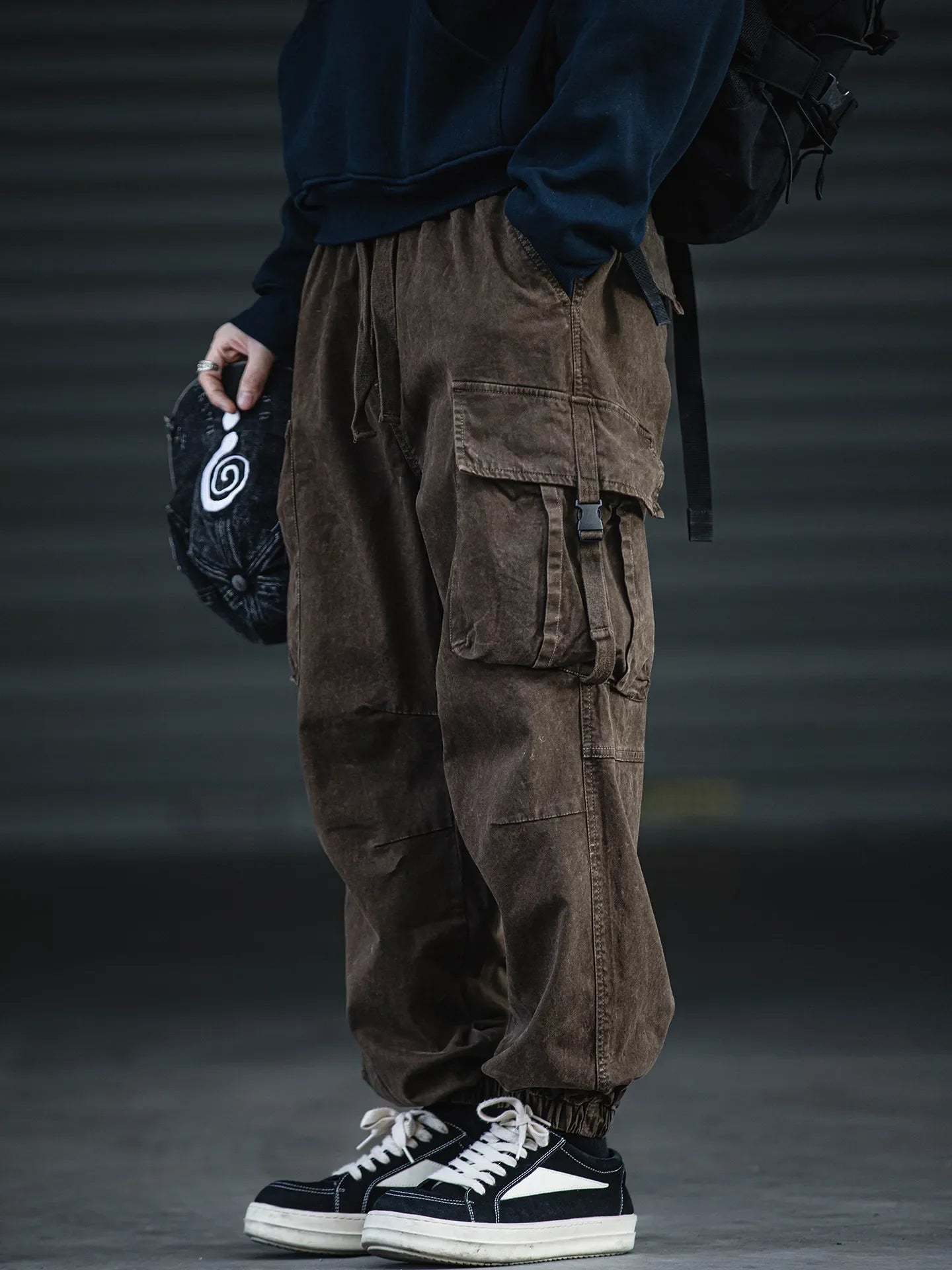Oversized Baggy Vintage Washed Cargo Pants Men Loose Fit Drawstring Cuffed Retro American Style Streetwear Hip Hop Utility Pants
