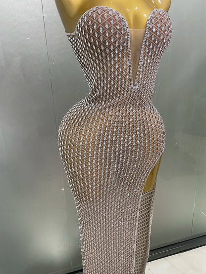 2025 Luxurious Full Rhinestones Mesh Transparent Long Dress Women Birthday Celebrate Evening Prom Dress Party Club Stage Costume