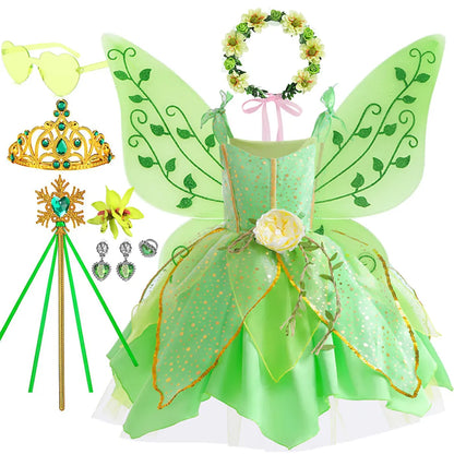 2026 Disney Elf Movie Tinker Bell Girls Play Fairy Dress Green Suspender Skirt With Wings and Flower Christmas Gift for Girls