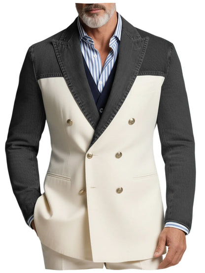 Men's Blazer Denim Sleeve Patchwork Double Breasted Suits Coats Casual Business Fashion Jacket for Spring Autumn Wedding Party