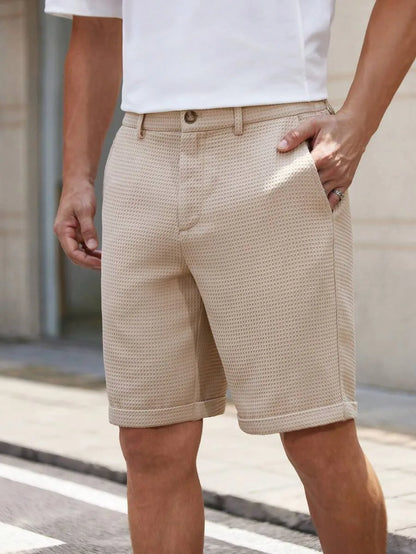 Men's Waffle Texture Slim Fit Shorts Solid Color Button Waist Summer Casual Outdoor Multi-Color Trousers