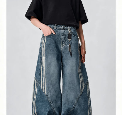 Women Wide Leg Jeans Vintage Y2K Reconstruction Custom Distressed Wash Stripe Denim Pants Trendy Comfort Fit