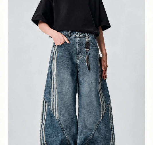 Women Wide Leg Jeans Vintage Y2K Reconstruction Custom Distressed Wash Stripe Denim Pants Trendy Comfort Fit