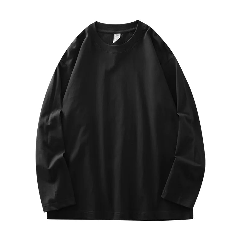 Men's 260G Long Sleeve T Shirts 2025 Spring Pure Cotton Solid Color Basic Crew-Neck Undershirt Men's Loose Tops 11 Color