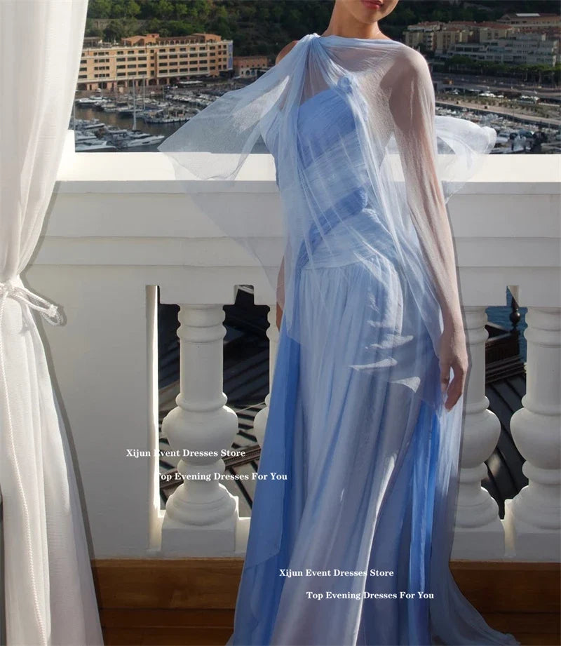 Elegant Blue Chiffon Evening Dresses Sweetheart Scarf A-Line Long Prom Dresses Pleated Sleeveless Prom Gowns 2025 Customiz