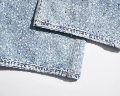 Full Rhinestone Print Washed Blue Baggy Jeans Mens and Women Ropa Hombre Streetwear Solid Casual Denim Trousers Loose Cargos