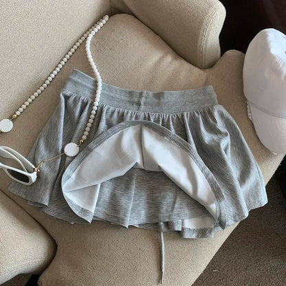 Summer Women Sports A Line Skirts for Women Summer High Waist Drawstring Solid Mini Skirts Female Sweet All Match Ballet Skirts