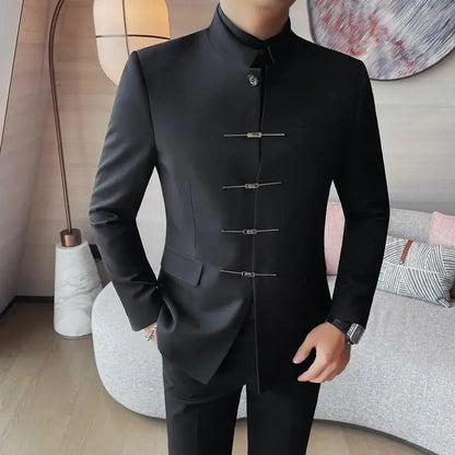 Chinese Style Stand Up Collar Suit Jacket for Men High Quality Mens Slim Fit Casual Social Wedding Dress Coat Men's Clothing