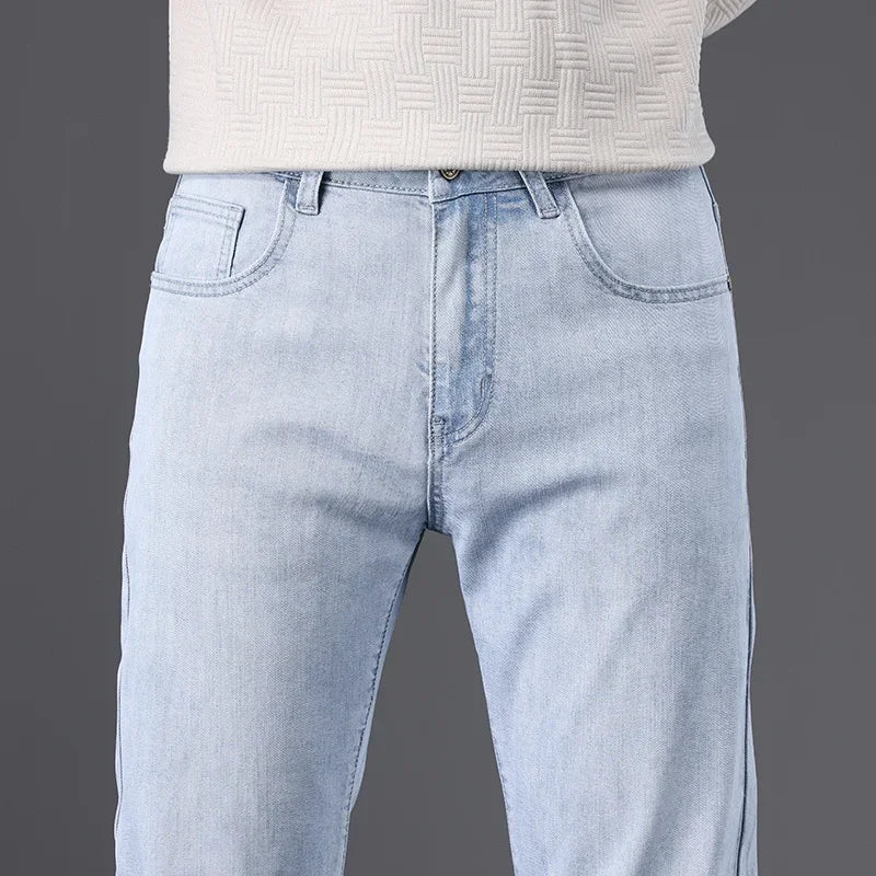 Classic Men Vintage Cloth High Waist Trousers 2024 Autumn Loose Straight Stretch Wash Jeans High Quality Sky Blue Brand Pants