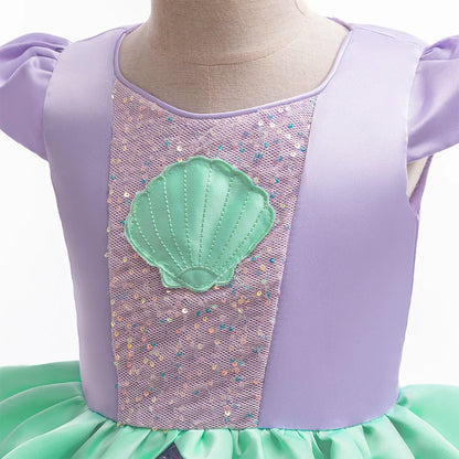Little Mermaid Ariel Princess Costumes Young Girls Purple Dress Kids Cosplay Carnival Gown Birthday Tutu Dresses Summer New Wear