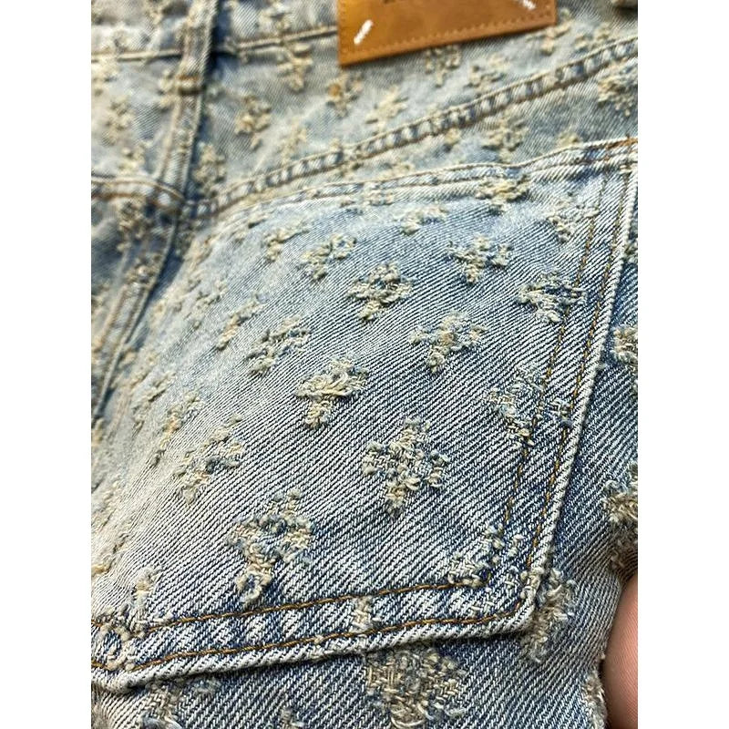 American Y2K Light Luxury Quality Retro Denim Shorts Summer Hip Hop INS Men Loose Shave Jacquard Couple Denim Five Point Pants