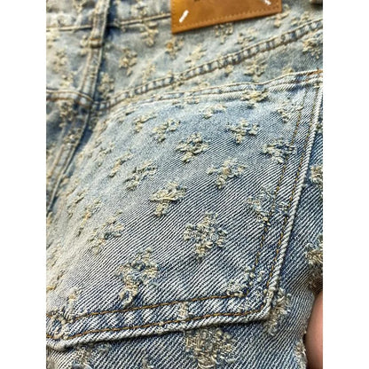 American Y2K Light Luxury Quality Retro Denim Shorts Summer Hip Hop INS Men Loose Shave Jacquard Couple Denim Five Point Pants