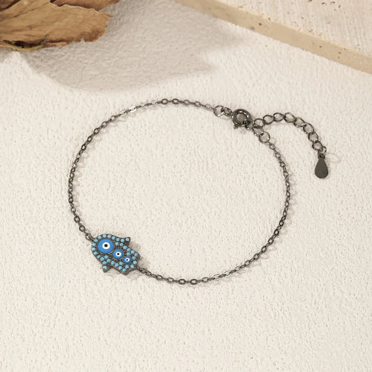 Bracelet à Maillons en Argent Sterling 925 Émail Bleu Turquoise Synthétique Yeux de Fantôme Noirs Bracelets à Paumes pour Femmes Bijoux