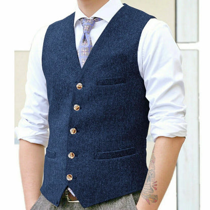 Men Vest Gray Herringbone Single Button With Pocket V Neck Waistcoat For Wedding Banquet Business Work Casual Daily Men Vest