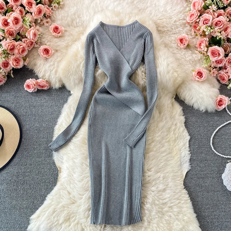 Autumn Winter 2025 Women Dress Elegant Cross V-neck Slim Waist Knitted Bodycon Dress Korean Office Lady Vestidos