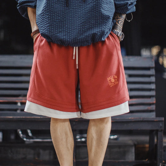 Men's American Retro Street Basketball Print Knit Sweat Shorts Breathable Loose 5 Inch Summer Daily Workout Pants Sports