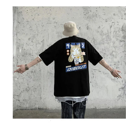 Harajuku Cat Cartoon Eating Noodles Graphic Men Women Tshirts Casual Short Sleeve Tees Japan Style Oversized T Shirt Clothing