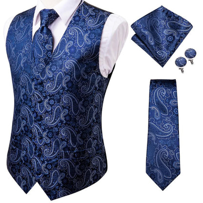 20 Color Men's Vests Tie Business Formal Dress Slim Sleeveless Jacket 4PC Hanky Cufflink Blue Paisley Suit Waistcoat