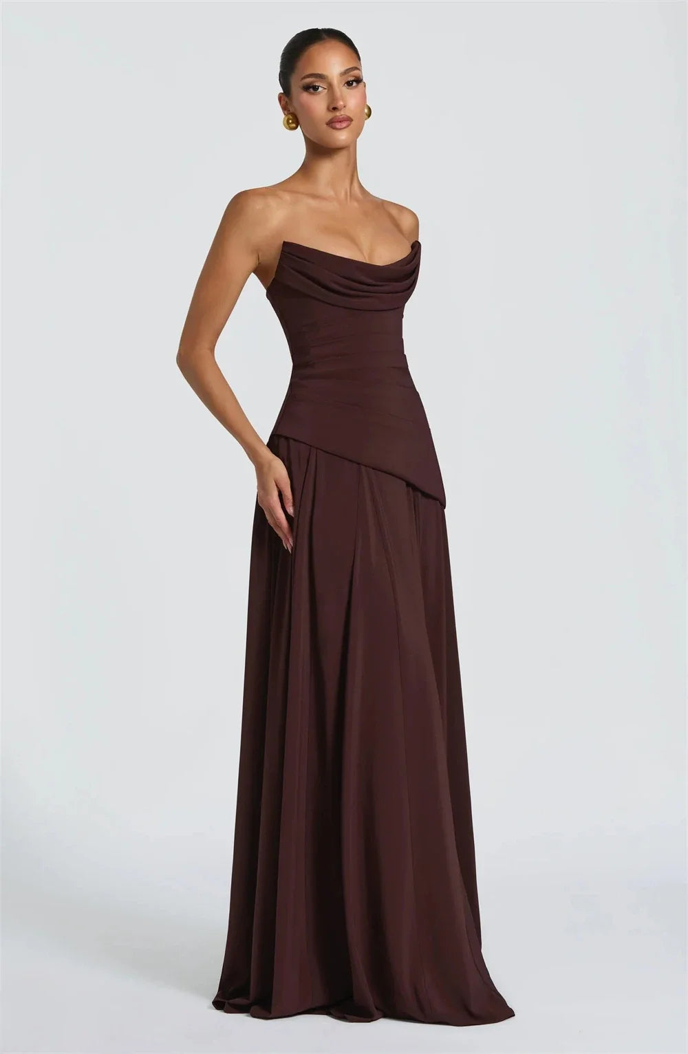 Customized Brown Strapless Elegant Evening Dress chiffon Cape Draping robes de soirée Formal Event Dress Floor Length