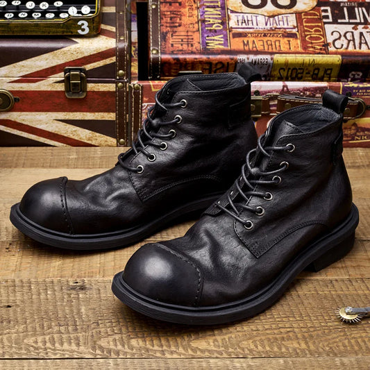 Spring Autumn New British Style Retro Genuine Cow Leather Men Ankle Short Motorcycle Boots Winter Plush Vintage Luxury Shoes 304
