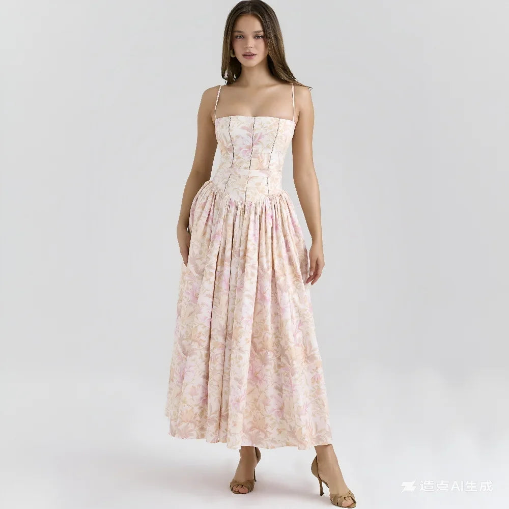 Summer Print Strappy Long Dress A-line Casual Beach Vacation Dress for Women