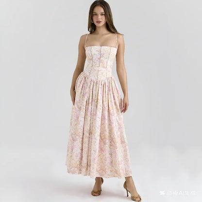 Summer Print Strappy Long Dress A-line Casual Beach Vacation Dress for Women
