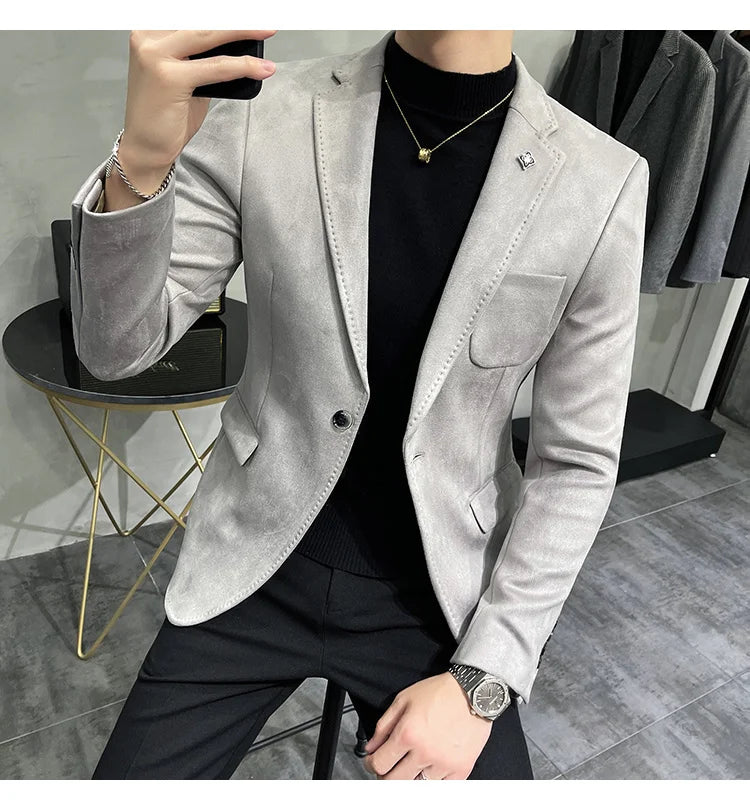 Deerskin Leather Jacket Blazer Men Casual Slim Fit Blazer Hombre Suit Leather Jacket Men Terno Masculino Men Clothing 6 Color