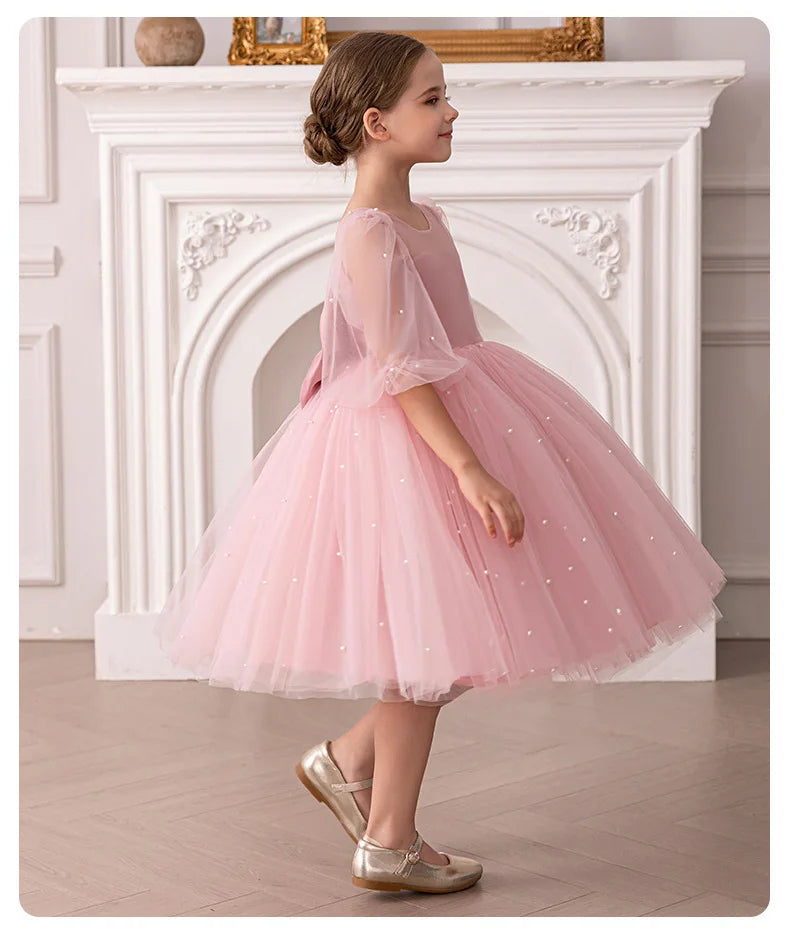 Summer New Girl 4-8Y Seven Sleeve Puff Skirt Dreamy Children's Dress Birthday Party Flower Girl Princess Dress