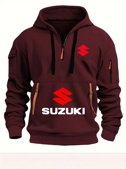 2026 Nueva sudadera con capucha Suzuki estilo motocicleta con diseño de media cremallera y logotipo rojo, top informal estilo