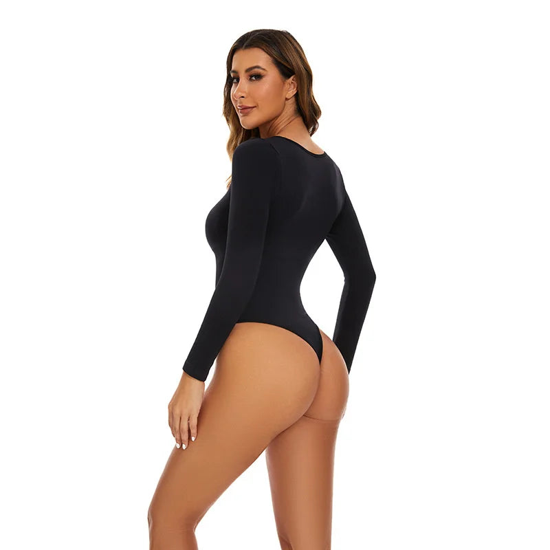 Open Crotch Big U Neck Seamless Bodysuit Long Sleeve Spandex Elastic Body Suit Shapewear Tummy Control Waist Shapers
