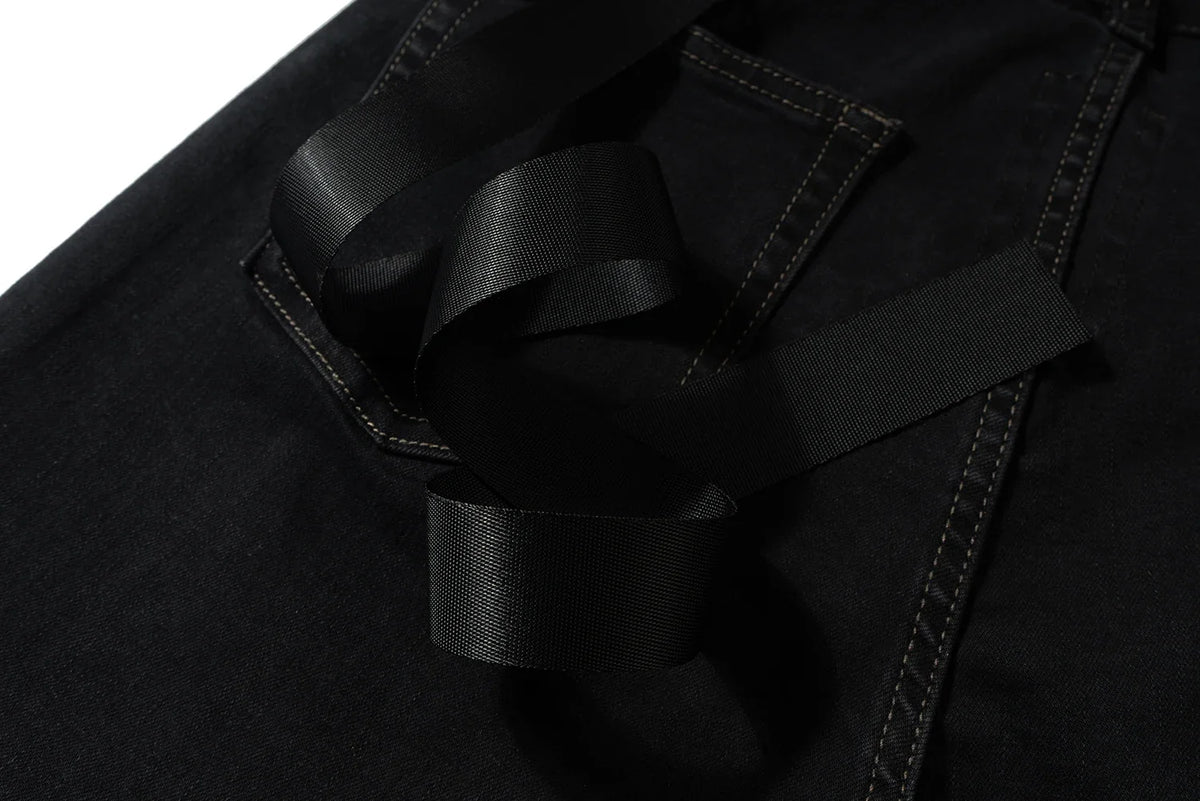 Style Ribbons slightly Stretch Baggy Flared Jeans for Men High Street Black Color Boom Cut Oversized Casual Denim Trousers