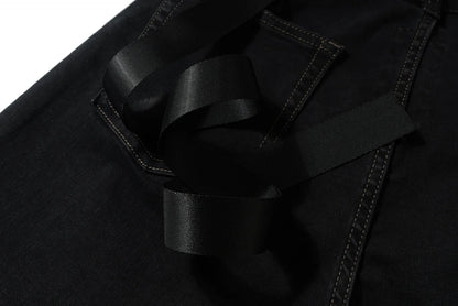 Style Ribbons slightly Stretch Baggy Flared Jeans for Men High Street Black Color Boom Cut Oversized Casual Denim Trousers