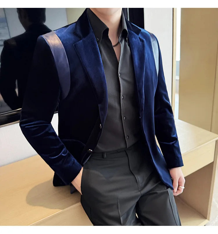 Leather Splicing Mercerized Velvet Suit Jacket 2025 Autumn New Men's High-end Business Slim Fit Fashion Party Tailcoat 4XL-M