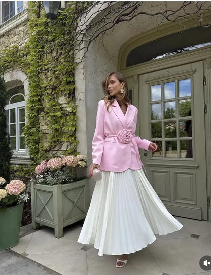 Women Notched Lapel Blazer with Floral Rose Belt Waist Tie Slim Long Sleeve Suit Jacket