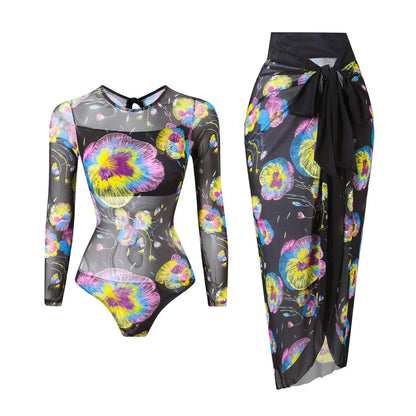 S - XXL Printed Long Sleeve With Sarong One Piece Swimsuit Women Swimwear Female Flowers Padded Bather Bathing Suit Swim V7181