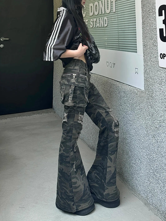 2025 Autumn Winter Women's Harajuku Denim Flare Pants Low Rise Camouflage Cargo Jean Bell Bottom Y2k Cowbow New In Kpop Grunge