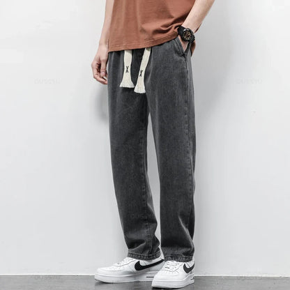 High Quality Fully Elastic Waist Men's Jeans Cotton Soft Drawstring Straight Pants Korea Casual Trousers Male Plus Size S-5XL
