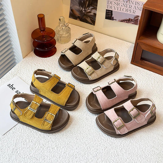 Kids Suede Strappy Sandals for Boys Girls 2025 Summer Toddler Beach Barefoot Shoes Non-slip Versatile Comfort Casual Sandals Ins