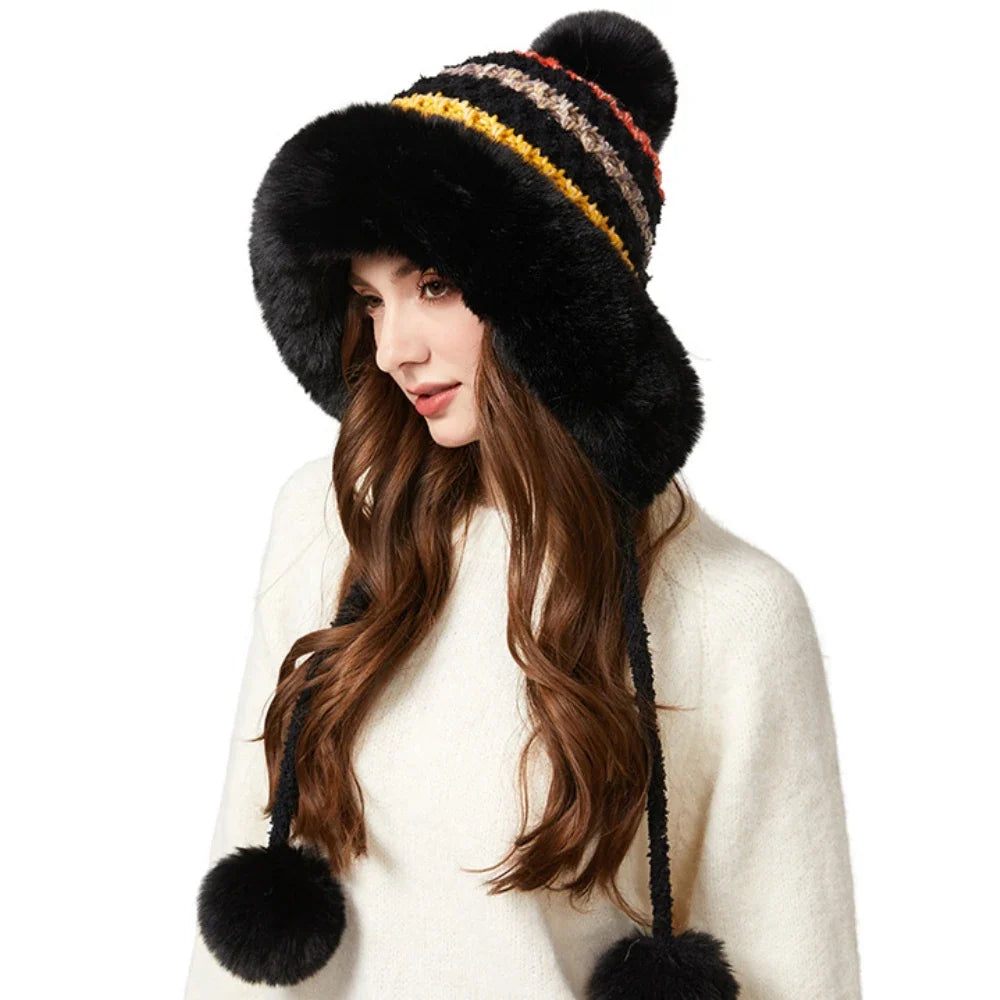 Three Pompoms Skullies Beanies Thick Warm Winter Hat Women Russian Fur Hat Ladies Knitted Hat Female Snow Ski Earflap Cap
