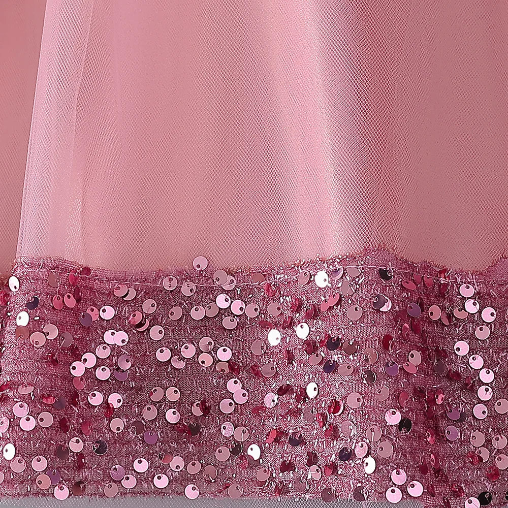 Fluffy Sequin Bridemaid Princess Girls Dress Elegant Bow Pink Wedding Prom Evening Kids Party Dresses for Girl Birthday Costumes