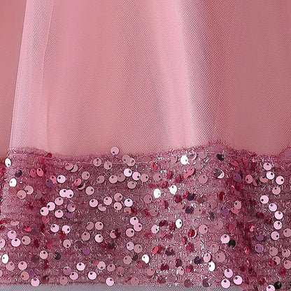 Fluffy Sequin Bridemaid Princess Girls Dress Elegant Bow Pink Wedding Prom Evening Kids Party Dresses for Girl Birthday Costumes