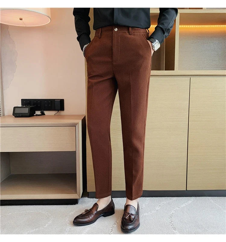 2024 Autumn New Waffle Stretch Waist Business Formal Pants Men Fashion Wedding Slim Trouser Mens Brand Social Party Suit Pants