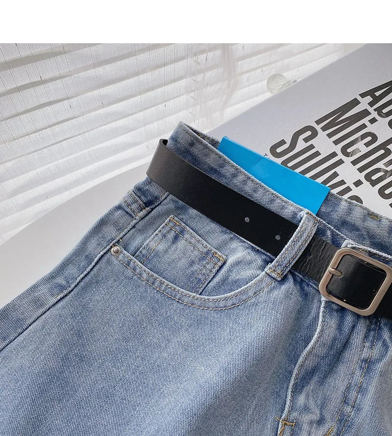 Wide Leg Denim Shorts With Belt Women Summer High Waist Pocket Hot Pants Streetwear Korean Fashion Casual Cowboy Jeans Shorts