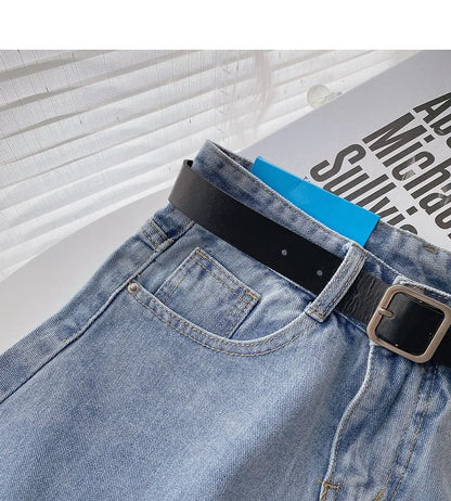 Korean Summer Wide Leg High Waist Denim Shorts With Belt Women Fashion Pocket Hot Pants Streetwear Casual Cowboy Jeans Shorts
