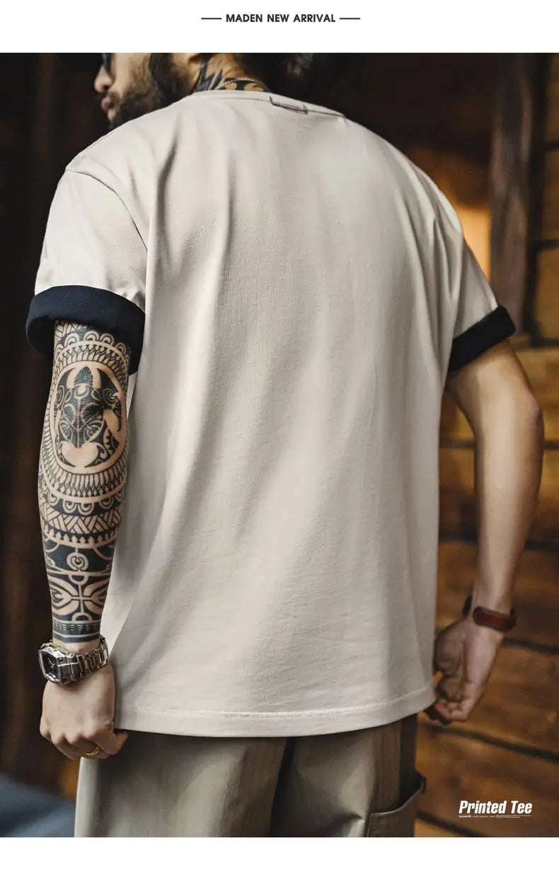 Casual Printed Short Sleeve T-Shirt Men's Summer Loose Fit Heavyweight Cotton Ribbed Round Neck Tee  Versatile Street Tops