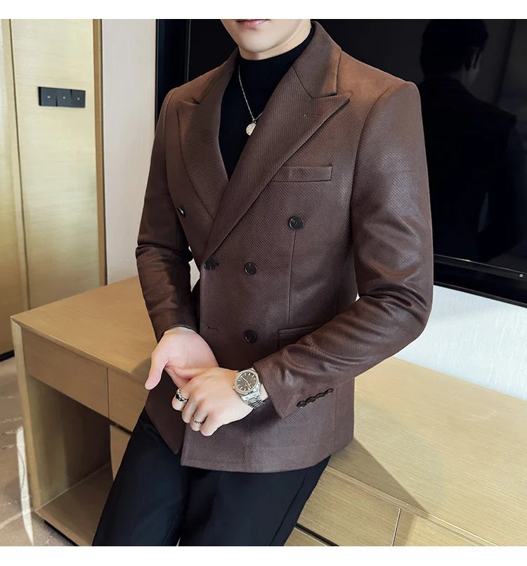 High Quality Men Double Breasted Blazer Suede Gilded Twill Slim Fit Business Social Formal Suit Jacket Tailcoats Men Clothes