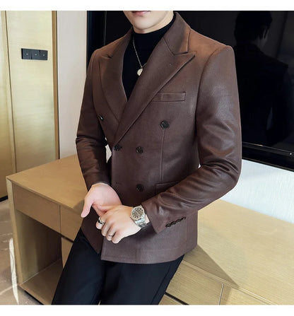 High Quality Men Double Breasted Blazer Suede Gilded Twill Slim Fit Business Social Formal Suit Jacket Tailcoats Men Clothes