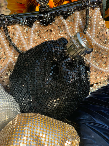 Lost in Vintage Glitter Sparking Evening Bag Handbag with Aluminum Pieces Crossbody Clutches Shoulder Metallic Chains